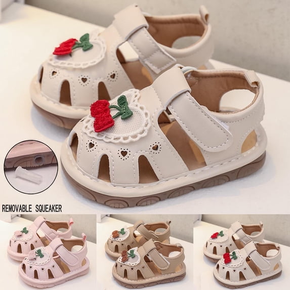 Viluyesy Girls' Cherry Sound Sandals Adjustable Hook-and-Loop Casual Summer Sandals Soft Sole & Non-Slip Breathable Outdoor Footwear Pink Size 19