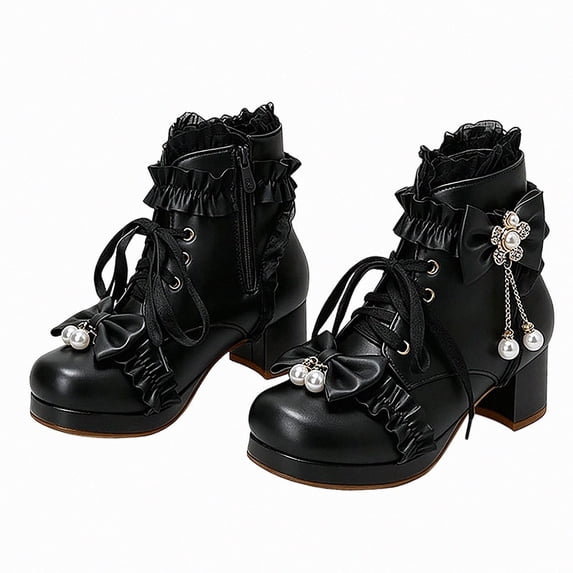 Viluyesy Girls Chunky Heel Ankle Boots, Lace Up Side Zipper, Ruffle Lace Bow Pearl Decor, Party Dress Boots Black Size 3 Big Kids