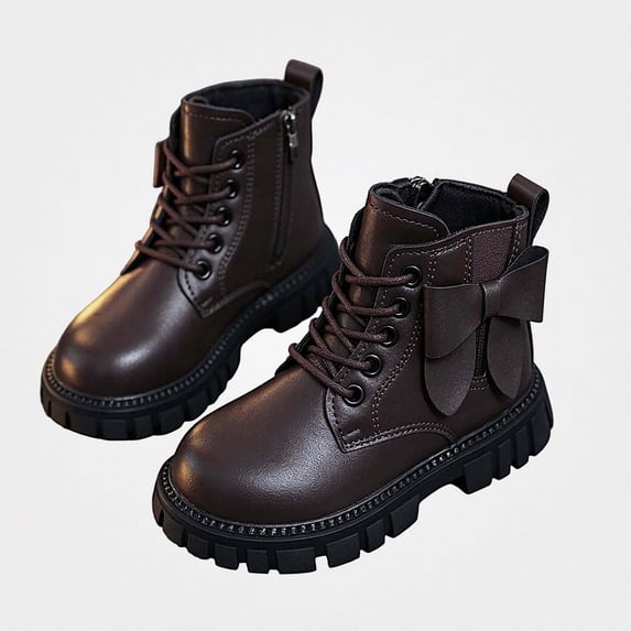 Viluyesy Girls Combat Ankle Boots, Faux Leather, Lace Up Front, Side Zipper, Decorative Bow Accent, Rugged Lug Sole Brown Size 1.5 Big Kids
