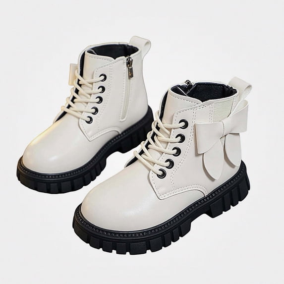 Viluyesy Girls Combat Ankle Boots, Faux Leather, Lace Up Front, Side Zipper, Decorative Bow Accent, Rugged Lug Sole White Size 13.5 Little Kids