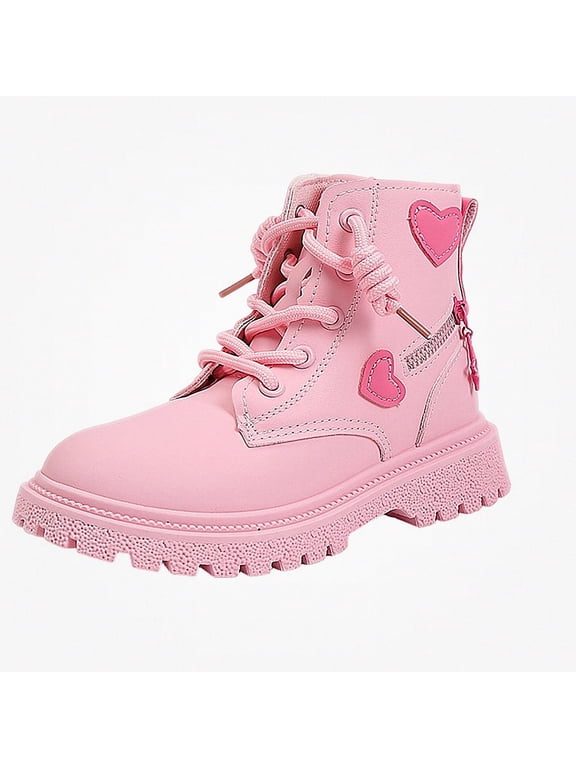 Girls Combat Ankle Boots, Faux Leather, Lace Up Front, Side Zipper, Heart Patch Detail, Chunky Lug Sole Pink Size 11 Little Kids