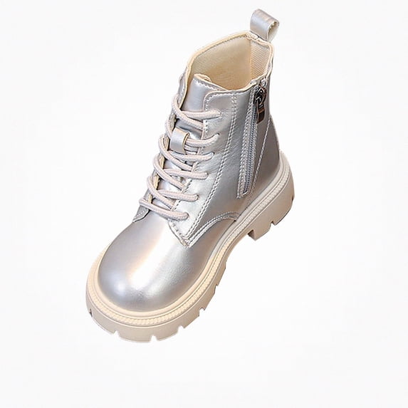 Viluyesy Girls Combat Ankle Boots, Faux Leather, Lace Up, Side Zipper, Buckle Strap Accent, Rugged Chunky Lug Sole Silver Size 1.5 Big Kids