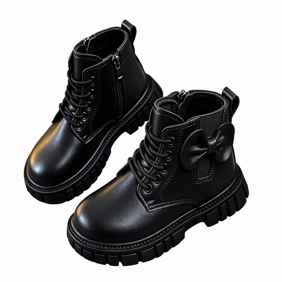 Viluyesy Girls Faux Leather Combat Ankle Boots, Lace Up Side Zipper, Back Bow Decor, Rugged Lug Sole Outdoor Booties Black Size 2.5 Big Kids
