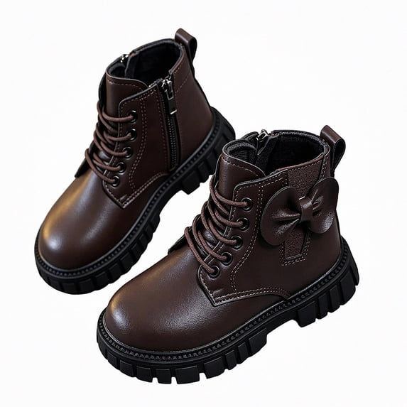 Viluyesy Girls Faux Leather Combat Ankle Boots, Lace Up Side Zipper, Back Bow Decor, Rugged Lug Sole Outdoor Booties Brown Size 13 Little Kids