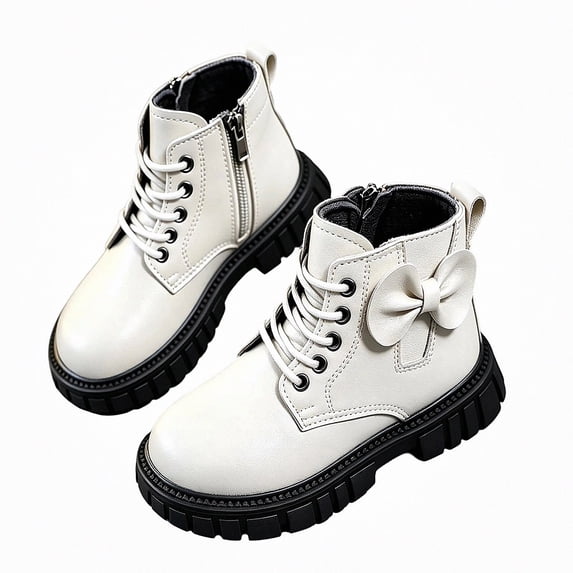 Viluyesy Girls Faux Leather Combat Ankle Boots, Lace Up Side Zipper, Back Bow Decor, Rugged Lug Sole Outdoor Booties White Size 2.5 Big Kids