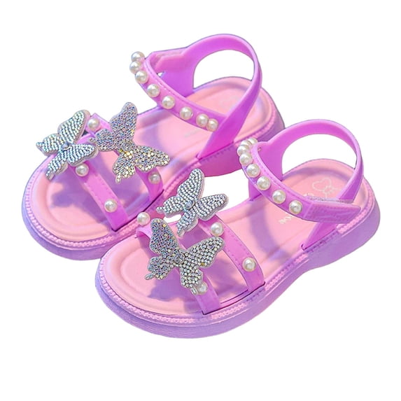 Viluyesy Girls Flat Sandals, Ankle Strap Rhinestone Pearl Open Toe Summer Casual Party Princess Shoes Purple