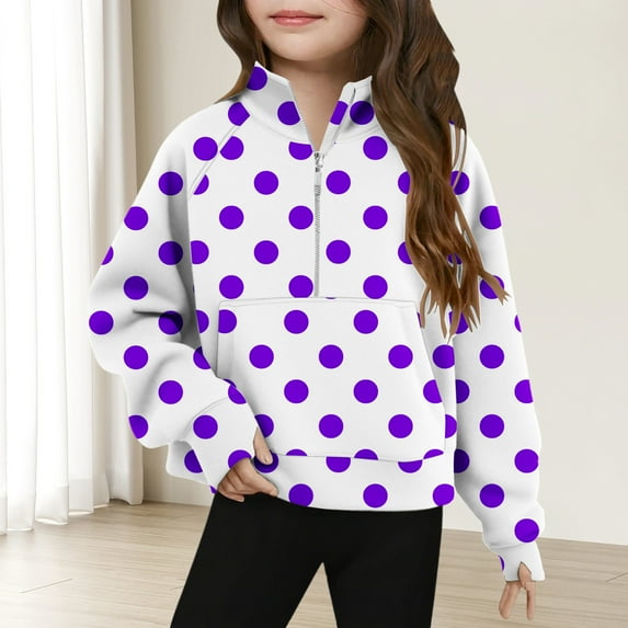 Viluyesy Girls Fleece Sweatshirt 10T, Long Sleeve Polka Dot Zipper Stand-Up Collar Fashion Active Fit Tops Purple(5-14T)