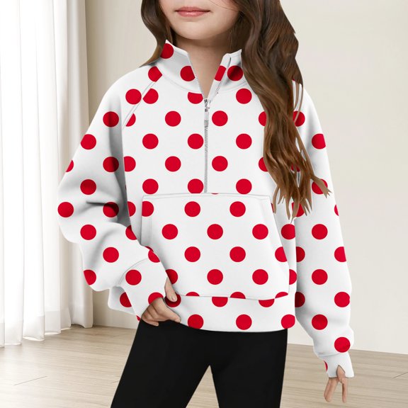 Viluyesy Girls Fleece Sweatshirt, Polka Dot Zipper Stand-Up Collar Long Sleeve Fashion Active Fit Tops Red 7T