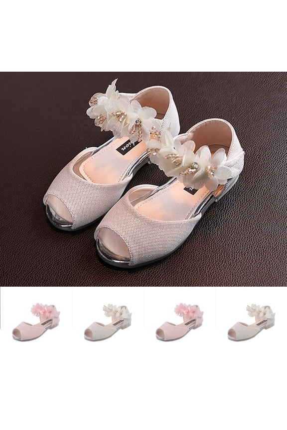 Girls Flower Crystal Flat Dance Sandals - Soft Sole Princess Spring Summer Dress Party Shoes Beige Size 10.5