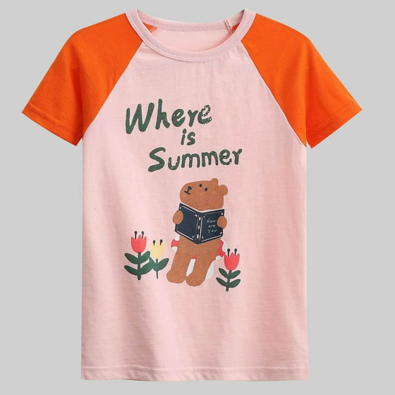 Viluyesy Girls Graphic Tee, Cotton Crew Neck Short Sleeve Summer Causal Raglan T-Shirt Pink 1T