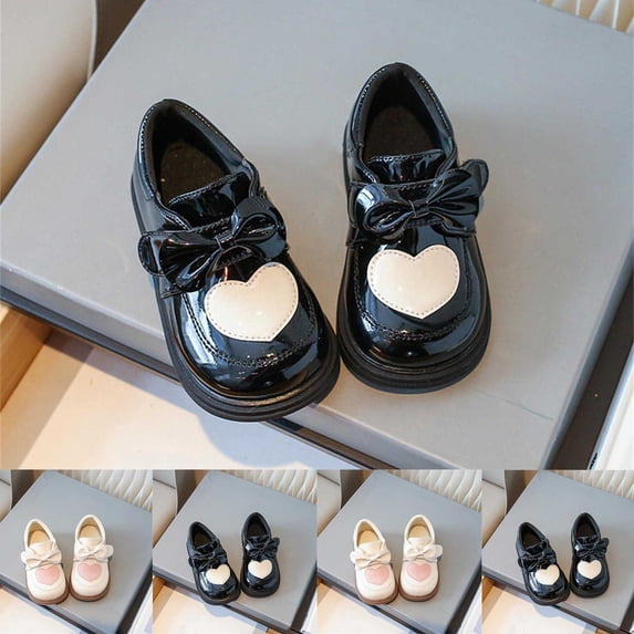 Viluyesy Girls Heart Bow Mary Jane Flats, Girls Patent Leather Soft Sole Shoes, Non Slip Hook Loop Casual Dress Shoes Black Size 10