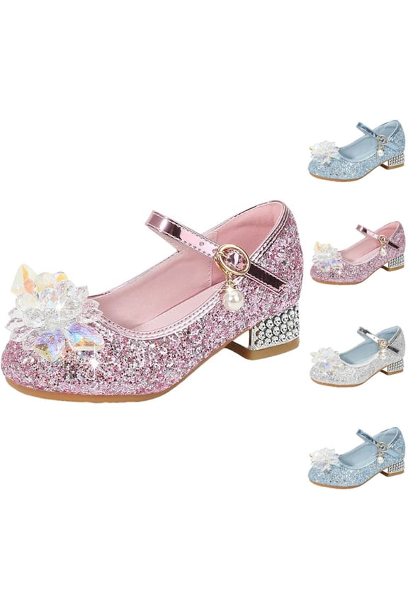 Girls High Heel Dress Shoes - Kids Sequin Pearl Bow Princess Pageant Performance Wedding Party Pumps 4-12Y Blue Size 11 M