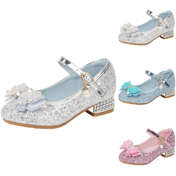 Viluyesy Girls High Heels Dress Shoes - Sequin Pearl Bow Princess Pageant Party Performance Wedding Flower Girl Shoes Kids 4-12 Silver Size 1 M