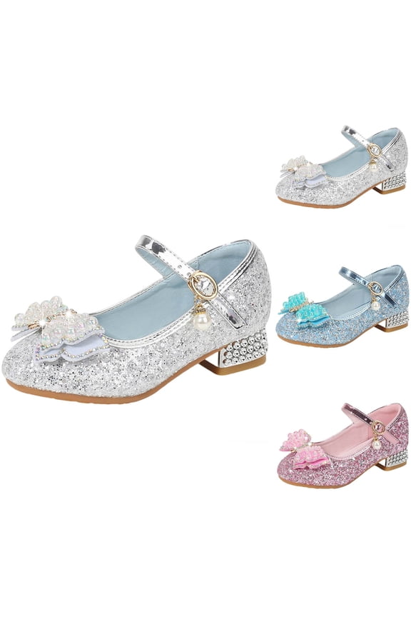 Girls High Heels Dress Shoes - Sequin Pearl Bow Princess Pageant Party Performance Wedding Flower Girl Shoes Kids 4-12 Silver Size 9 M