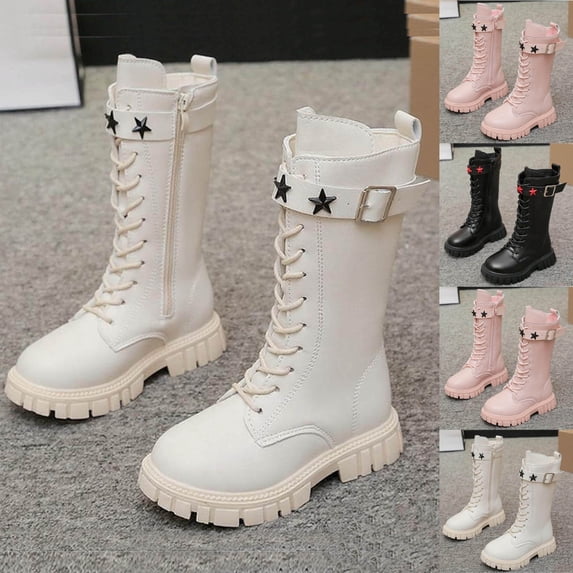 Viluyesy Girls Knee High Boots Big Kid, Solid Faux Leather British Style Tall Boots, Non Slip Low Heel Fall Winter Boots for School Daily Black Size 5.5-6Years