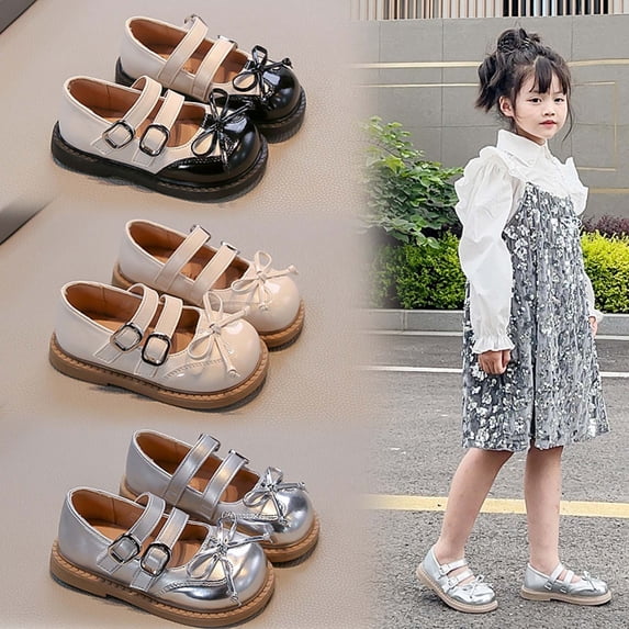 Viluyesy Girls Leather Sandals Solid Color Bow Flat Soft-Sole Low-Heel Princess Shoes for Spring and Summer, Medium to Large Kids Black Size 10.5