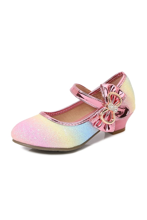Girls Mary Jane Dress Shoes, Glitter Colorful Low Heels Bow Strap Kids Party Wedding Princess Pumps Multicolor