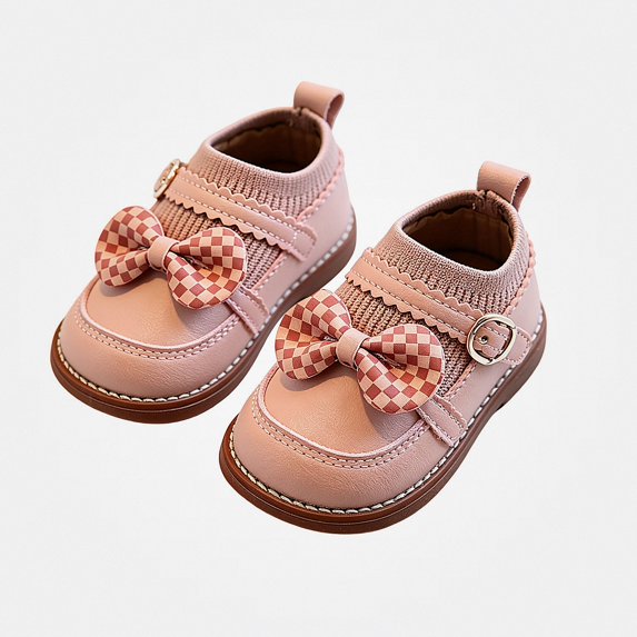 Viluyesy Girls Mary Janes Kids Checkered Bowknot Knit Strap Shoes Pink Size 9 Toddler