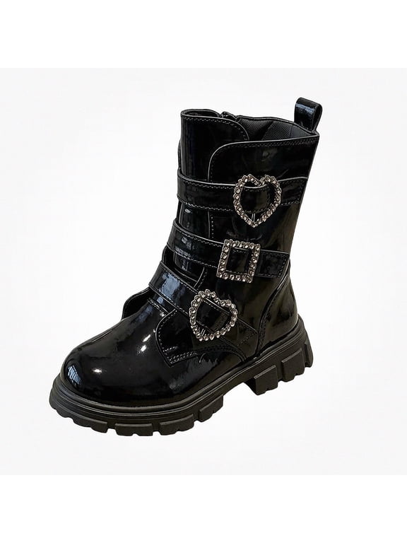 Girls Patent Leather Boots Ankle Booties Heart Rhinestone Buckle Platform Lug Sole Dressy Shoes Kids Black Size 11.5 Little Kids