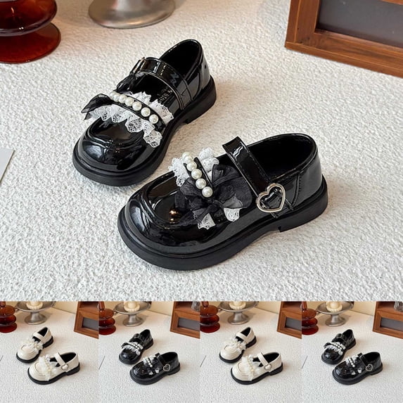 Viluyesy Girls Pearl Bow Mary Jane Shoes, Toddler Patent Leather Soft Sole Flats, Non Slip Hook Loop Casual Dress Shoes for School Black Size 12.5 Little Kid