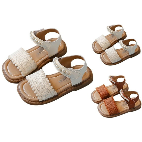 Viluyesy Girls' Pearl-Embellished Sandals for Summer Adjustable Strap Princess Sandals with Soft Soles for Toddlers and Little Kids, Beach & Travel-Friendly Casual Footwear Brown Size 3.5