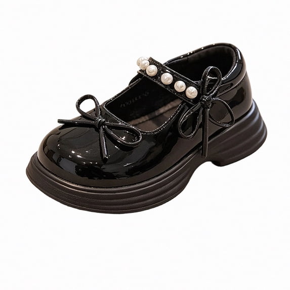 Viluyesy Girls Platform Mary Janes Kids Dressy Walking Flats Patent Leather Bow Pearl Strap Comfort School Party Black Size 11 Little Kids