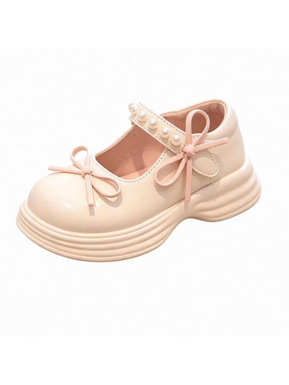 Girls Platform Mary Janes Kids Dressy Walking Flats Patent Leather Bow Pearl Strap Comfort School Party White Size 13.5Little Kids