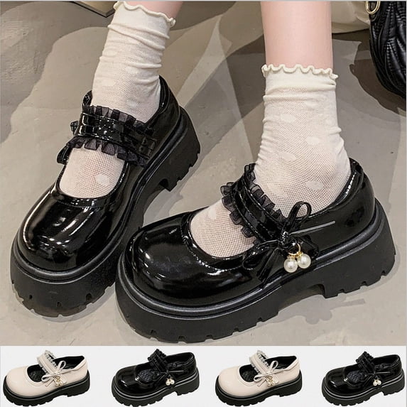 Viluyesy Girls Platform Mary Janes Kids School Uniform Walking Patent Leather Ruffle Bow Pearl Casual Dress Party Black Size 1 Big Kids