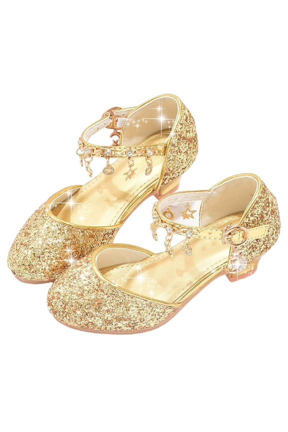 Girls Princess Dress Shoes, Kitten Heels Glitter Tassel Ankle Strap Kids Party Wedding Birthday Pumps Gold