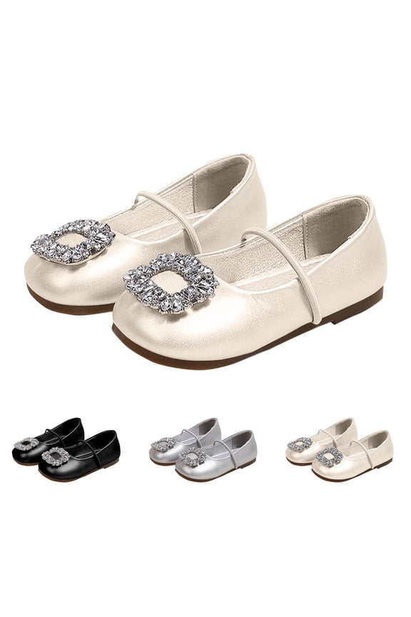 Girls Princess Dress Shoes With Rhinestones - Rubber Soft Sole Mary Jane Flats Spring Fall School Party Wedding Silver Size 9 M