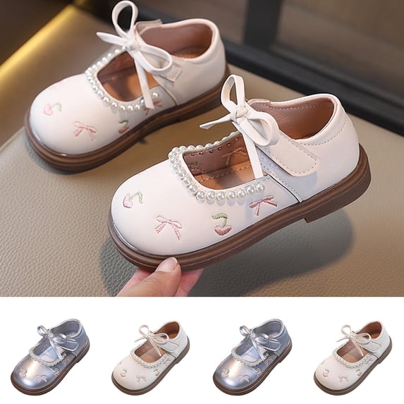 Viluyesy Girls Princess Flats - Pearl Bowknot Dress Shoes For Big Kids Spring Party Wedding Silver Size 8