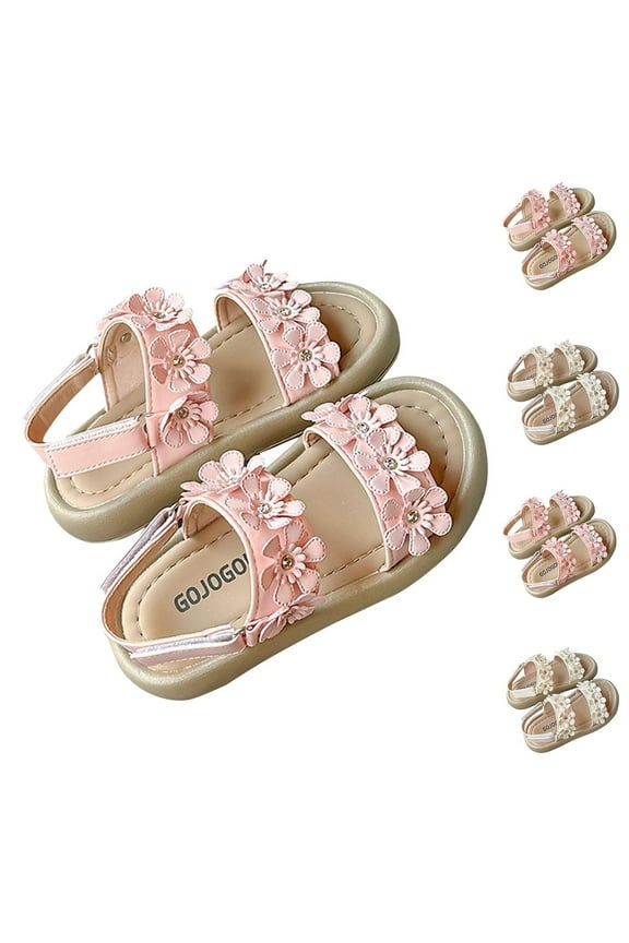 Girls' Princess-Style Sandals for Kids Soft-Sole Slip-On Beach Shoes with Flower Accents, Roman-Inspired Design, and Non-Slip Outsole White Size 29