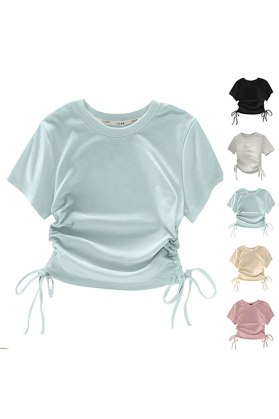 Girls Short Sleeve Tops 6-7T, Drawstring Waist Crew Neck Solid Color Summer Sweet Fashion Tee Blue(4-14T)