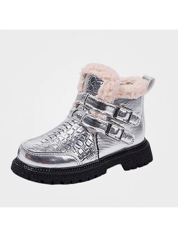 Girls Snow Boots Warm Fur Trim Croc Texture Double Buckle Non-Slip Durable Easy On Off Winter Shoes Silver Size 9 Toddler