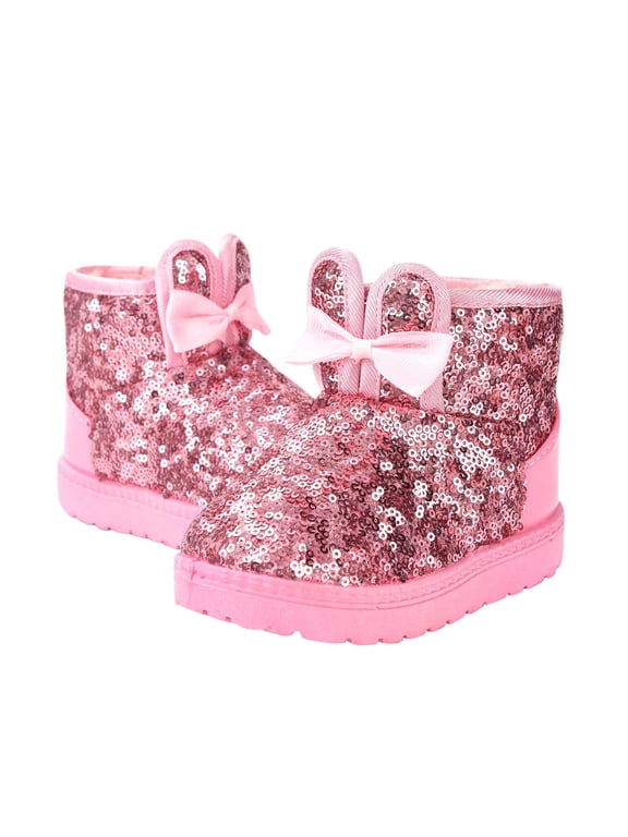 Girls Snow Boots Winter Warm Fleece Lined Boots Cute Bunny Ear Sequins Ankle Boots Pink Size 22