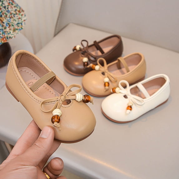 Viluyesy Girls' Spring Summer Flat Leather Shoes - Soft Sole Bowknot Casual Dress School Party Mary Jane Pumps Khaki Size 10.5