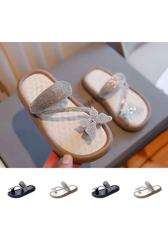Girls Summer Sandals Rhinestone Bow Flat Slide Sandals for Medium & Large Toddlers & Kids, Soft Sole Casual Dressy Footwear Black Size 11
