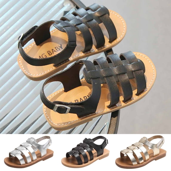 Viluyesy Girls' Summer Slip-On Sandals – Lightweight Braided Beach Shoes with Non-Slip Sole and Breathable Woven Design Gold Size 18-24 Months