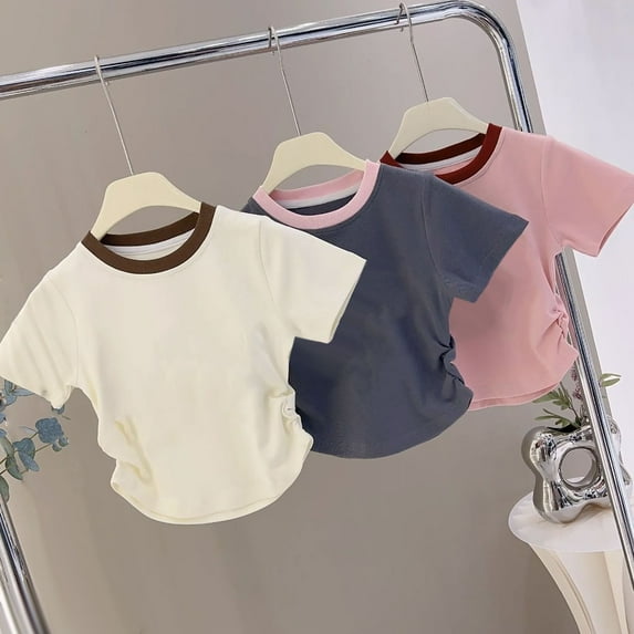 Viluyesy Girls T-Shirt 6 T, Color Block Short Sleeve Pleated Waist Summer Causal Cute Tee White(1-12T)