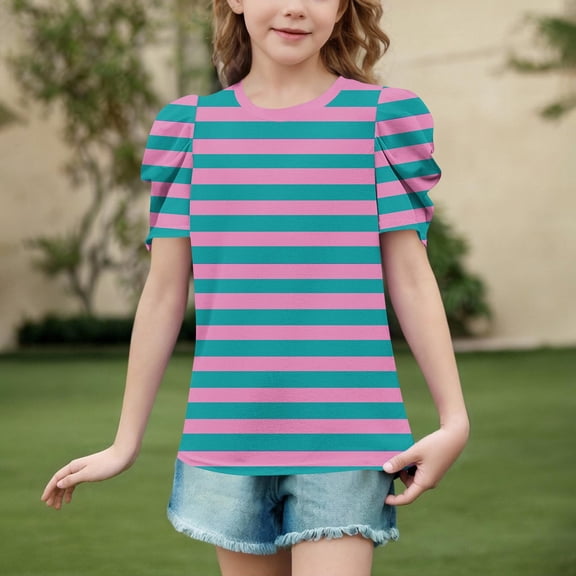 Viluyesy Girls T-Shirt, Bubble Short Sleeve Crew Neck Striped Prints Summer Casual Fashion Tee Dark Blue 14T
