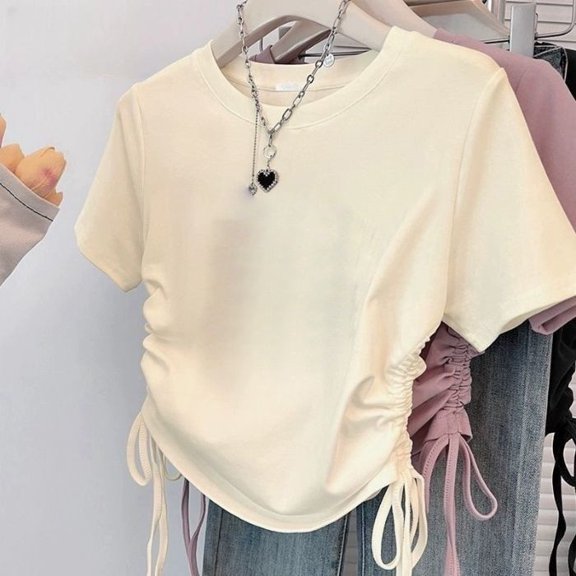 Viluyesy Girls T-Shirt, Crew Neck Drawstring Waist Summer Sweet Casual Daily Tee Beige 8T