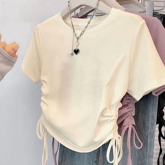 Viluyesy Girls T-Shirt, Crew Neck Summer Sweet Drawstring Waist Casual Daily Tee Beige 12T