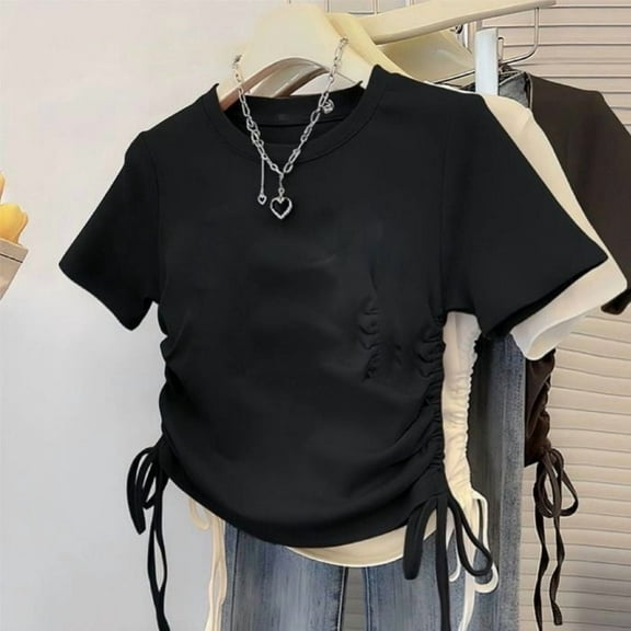 Viluyesy Girls T-Shirt, Drawstring Waist Summer Sweet Crew Neck Casual Daily Tee Black 8T