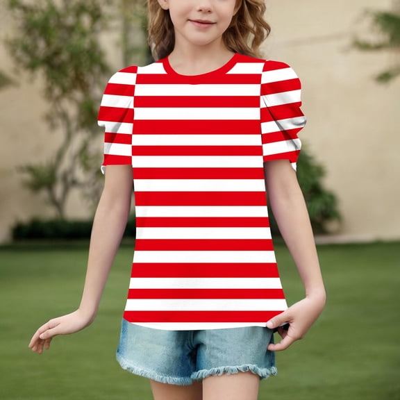 Viluyesy Girls T-Shirt, Striped Prints Crew Neck Bubble Short Sleeve Summer Casual Fashion Tee Red 14T