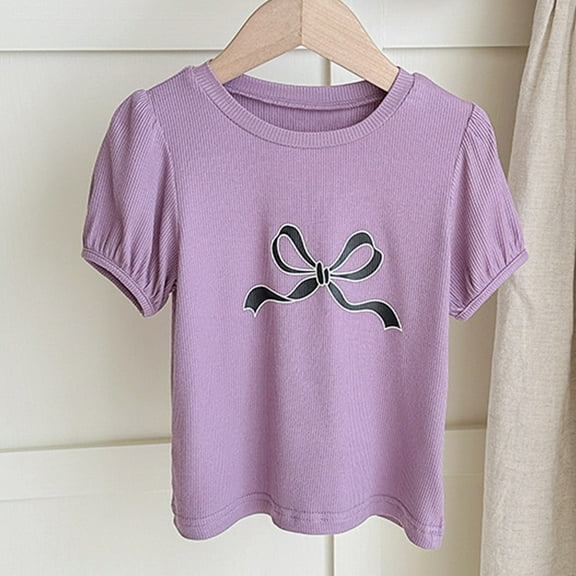 Viluyesy Girls T-Shirts, Bow Graphic Crew Neck Bubble Short Sleeve Summer Cute Casual Tees Purple 8T