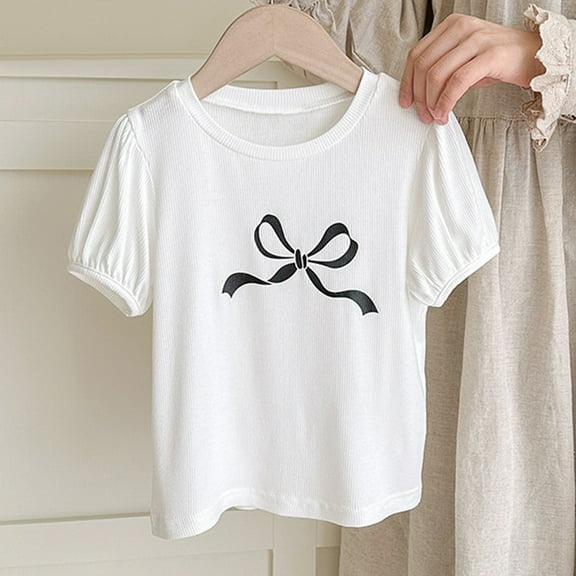 Viluyesy Girls T-Shirts, Crew Neck Bow Graphic Bubble Short Sleeve Summer Cute Casual Tees White 8T