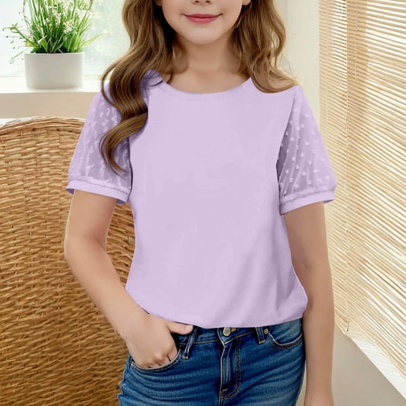Viluyesy Girls T-Shirts, Lace Short Sleeve Crew Neck Solid Color Summer Fashion Sweet Tops Purple 11T