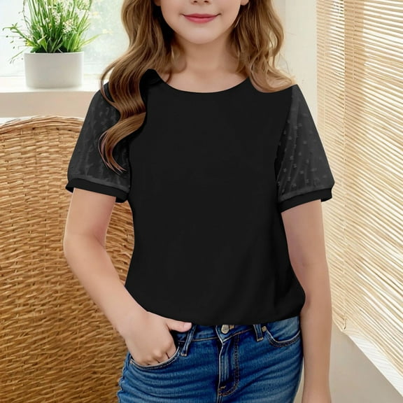 Viluyesy Girls T-Shirts, Lace Short Sleeve Solid Color Crew Neck Summer Fashion Sweet Tops Black 7T