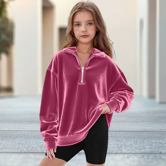 Viluyesy Girls Velvet Sweatshirt 10-12T, Loose Fit Zipper Stand-Up Collar Long Sleeve Pullover Fashion Hoodied Hot Pink(4-15T)