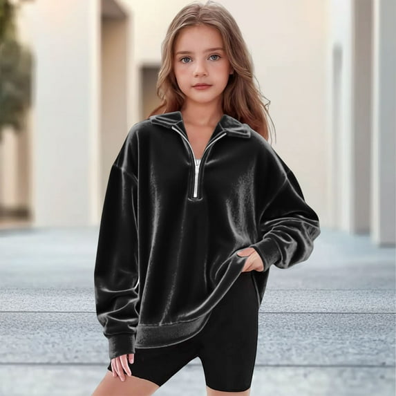 Viluyesy Girls Velvet Sweatshirt, Loose Fit Long Sleeve Zipper Stand-Up Collar Pullover Fashion Hoodied Black 10T